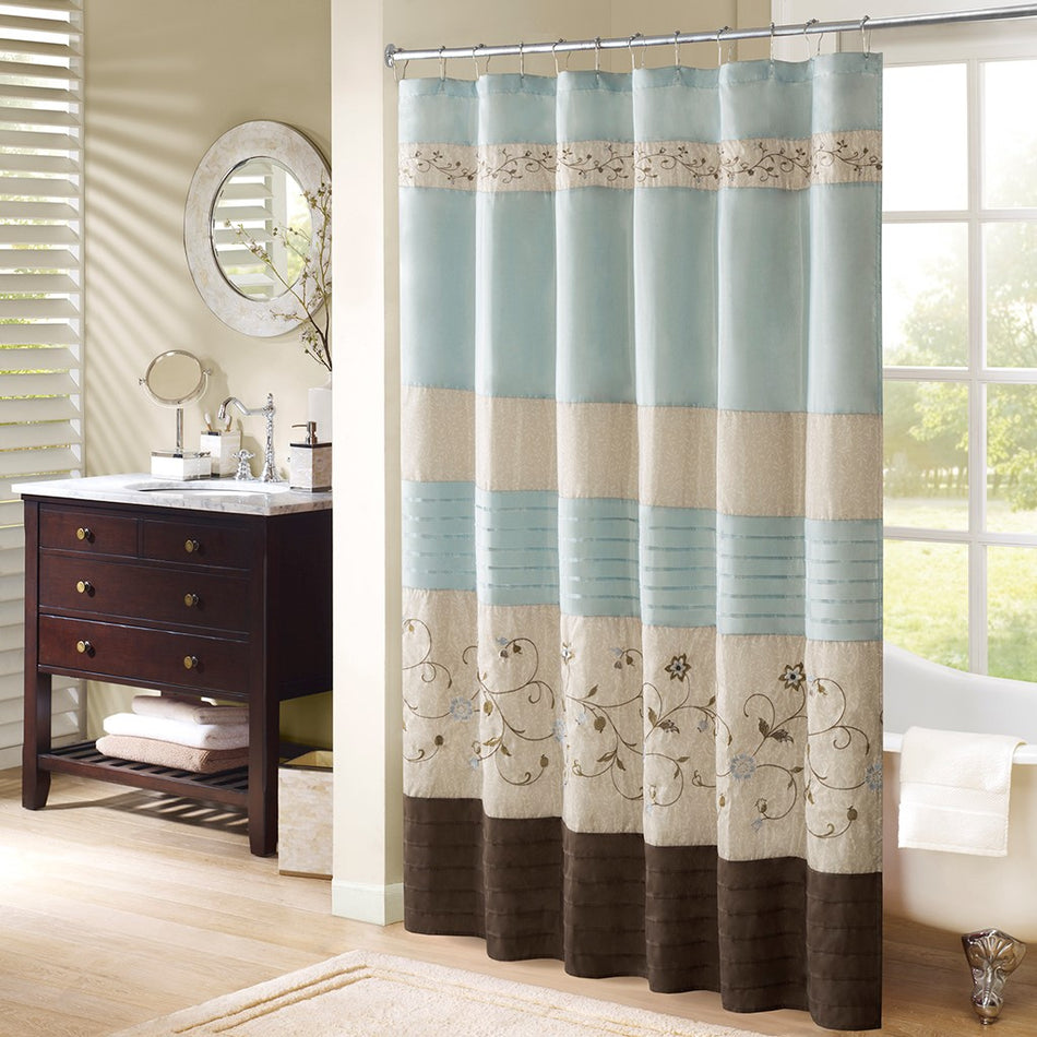 Madison Park Serene Faux Silk Embroidered Floral Shower Curtain - Blue - 72x72"