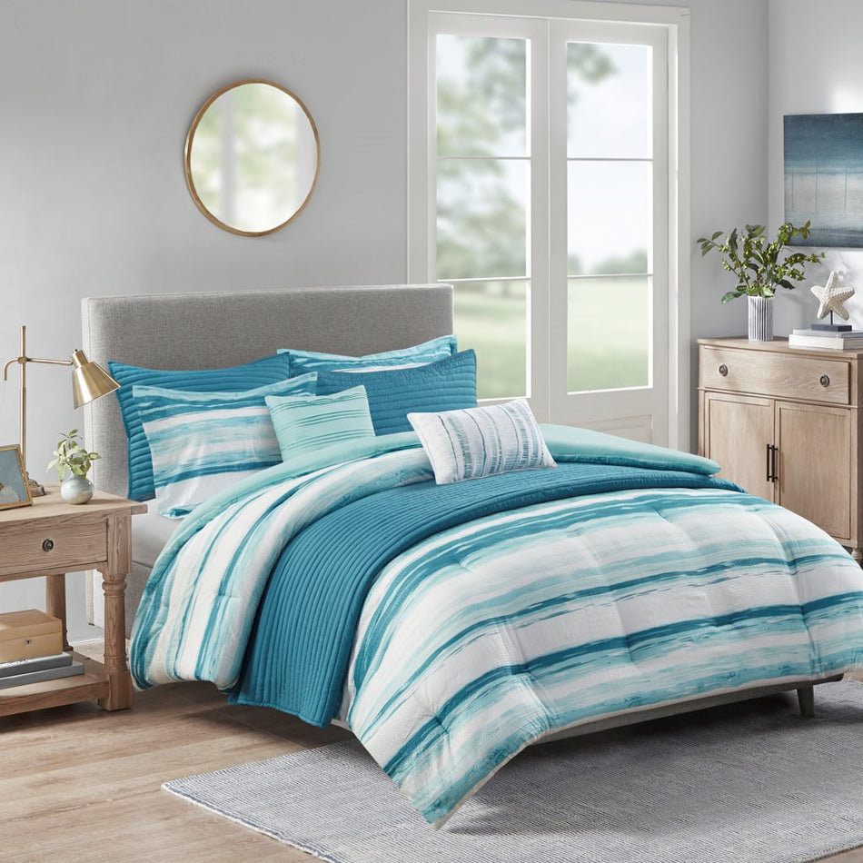 Madison Park Marina 8 Piece Printed Seersucker Comforter and Coverlet Set Collection - Aqua - King Size / Cal King Size