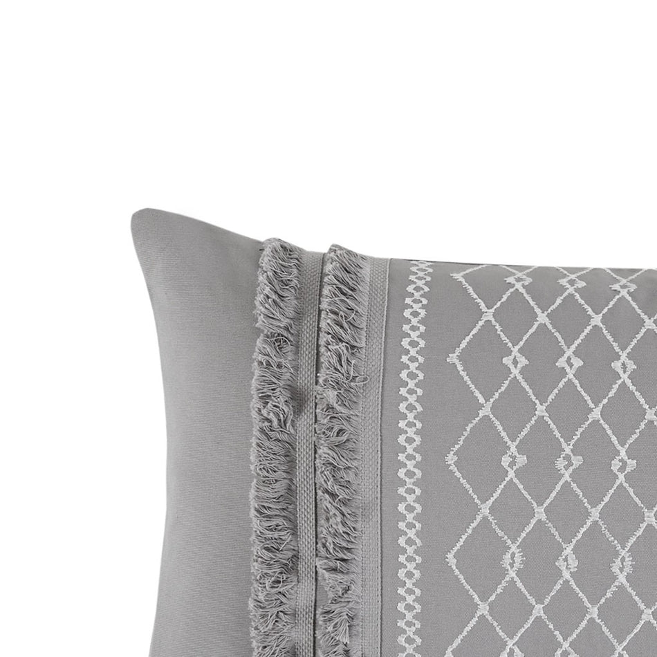 Bea Embroidered Cotton Oblong Pillow with Tassels - Grey - Oblong