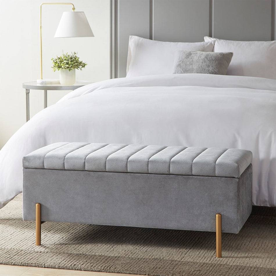 Madison Park Boyden Upholstered Soft Close Storage Bench with Gold Metal Legs - Gray