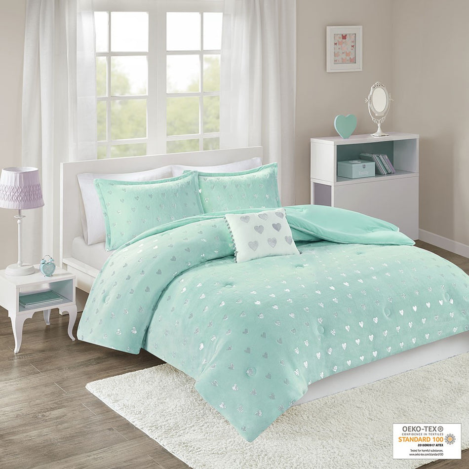 Mi Zone Rosalie Metallic Printed Plush Comforter Set - Aqua / Silver - Full Size / Queen Size