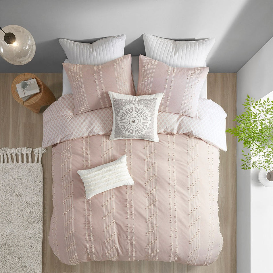 Kara 3 Piece Cotton Jacquard Comforter Set - Blush - Full Size / Queen Size
