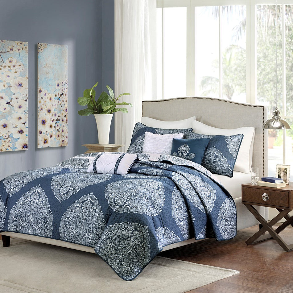 Madison Park Rachel 6 Piece Reversible Quilted Coverlet Set - Navy - King Size / Cal King Size