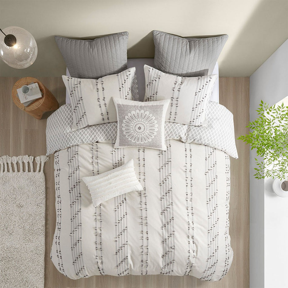 Kara 3 Piece Cotton Jacquard Comforter Set - Ivory - Full Size / Queen Size