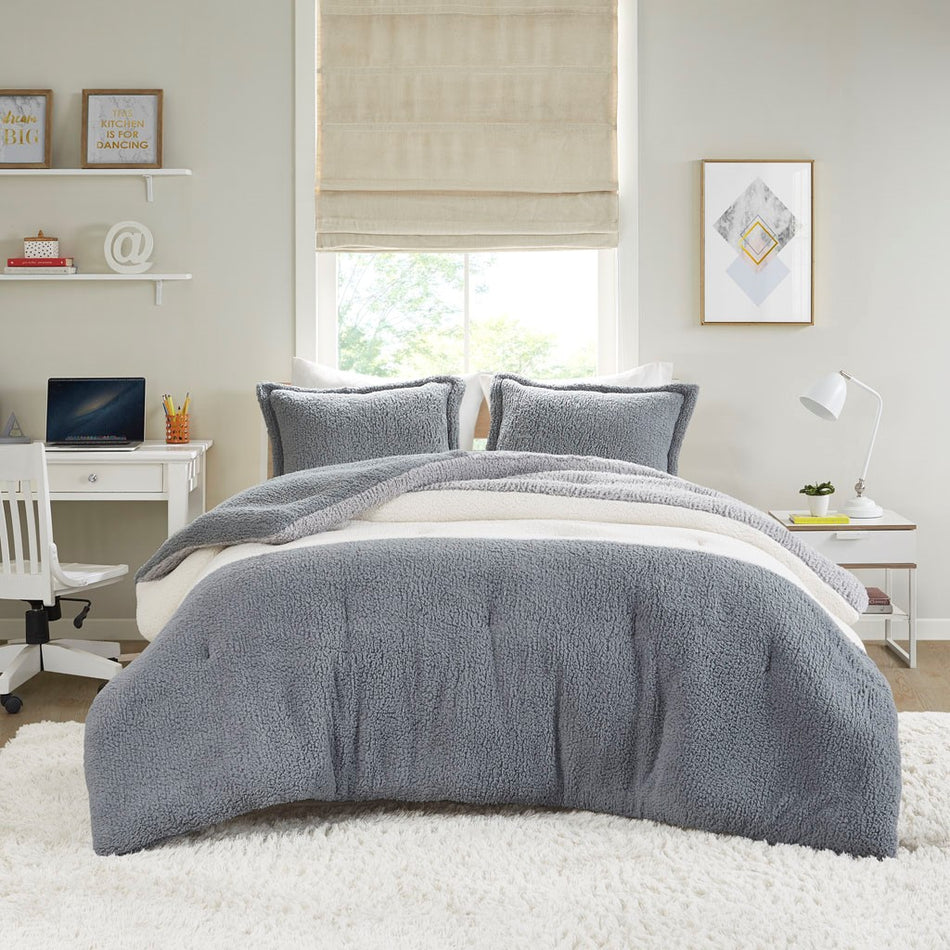 Arlow Color Block Overfilled Sherpa Comforter Set - Grey / Ivory - Twin Size / Twin XL Size