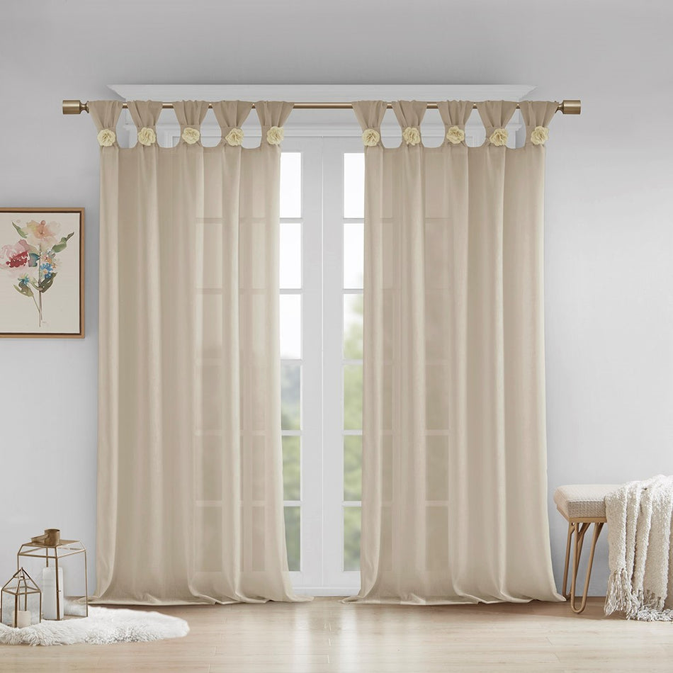 Madison Park Rosette Floral Embellished Cuff Tab Top Solid Window Panel - Linen - 50x63"