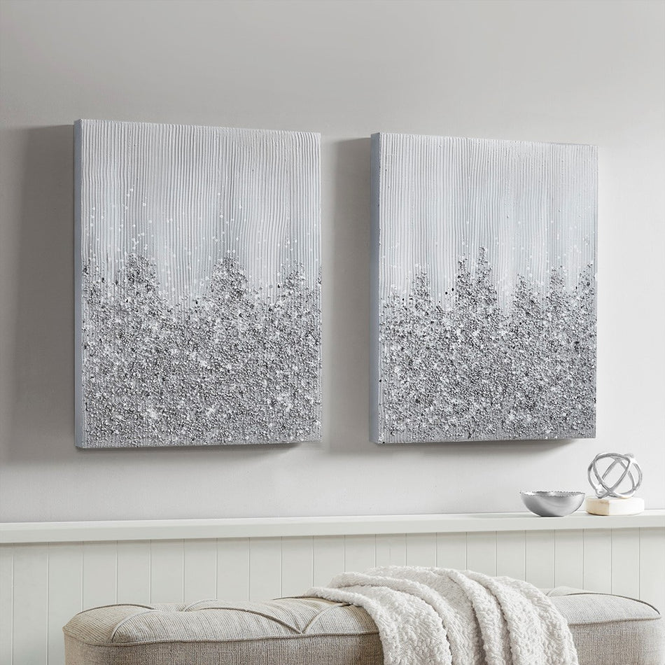 Madison Park Glimmer 100% Hand Brush Heavy Textured Glitz Embellished Canvas 2 Piece Set - Silver