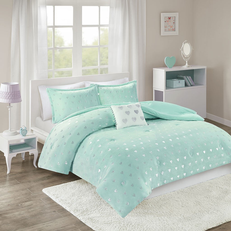 Rosalie Metallic Printed Plush Comforter Set - Aqua / Silver - Twin Size / Twin XL Size
