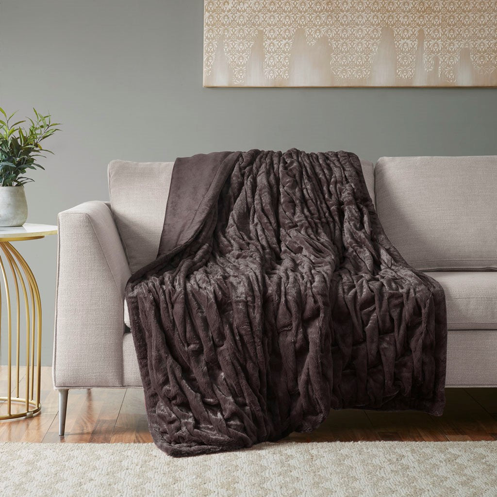 Madison Park Luxury Ruched Fur Throw - Brown  - 50x60" Shop Online & Save - ExpressHomeDirect.com