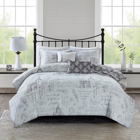 Marseille 5-Piece Reversible Paris Printed Comforter Set - Gray / Charcoal - Full Size / Queen Size