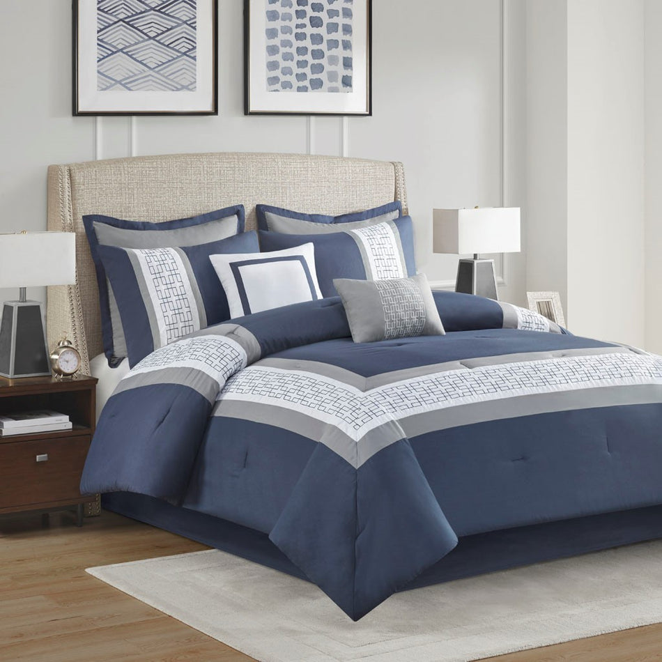 Powell 8 Piece Embroidered Comforter Set - Navy - Queen Size