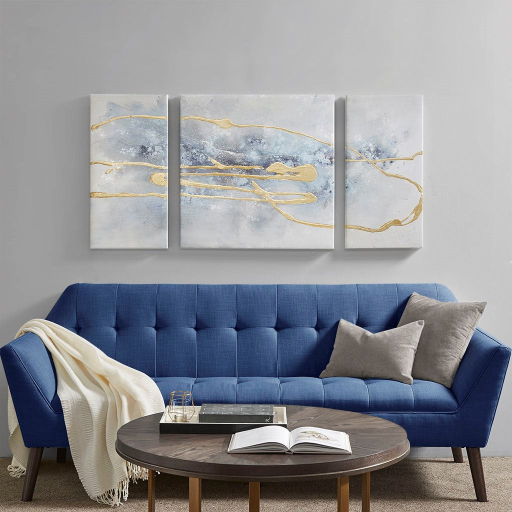 Madison Park Blue Cosmo 3 Piece Canvas Set Hand Embellished Textured Glitter And Gold Foil - Blue / Gold