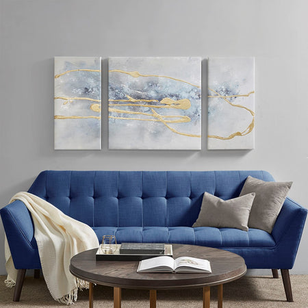Madison Park Blue Cosmo 3 Piece Canvas Set Hand Embellished Textured Glitter And Gold Foil - Blue / Gold