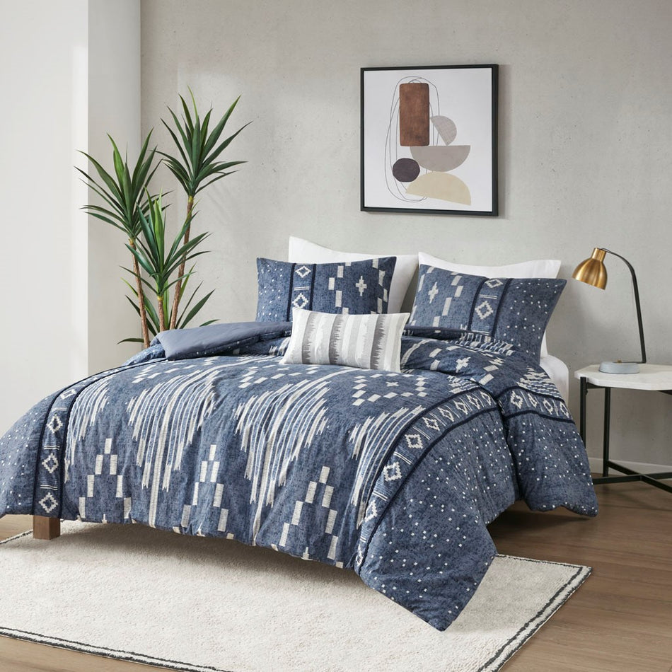 INK+IVY Inari Cotton Printed Comforter Set With Trims - Indigo Blue - Full Size / Queen Size