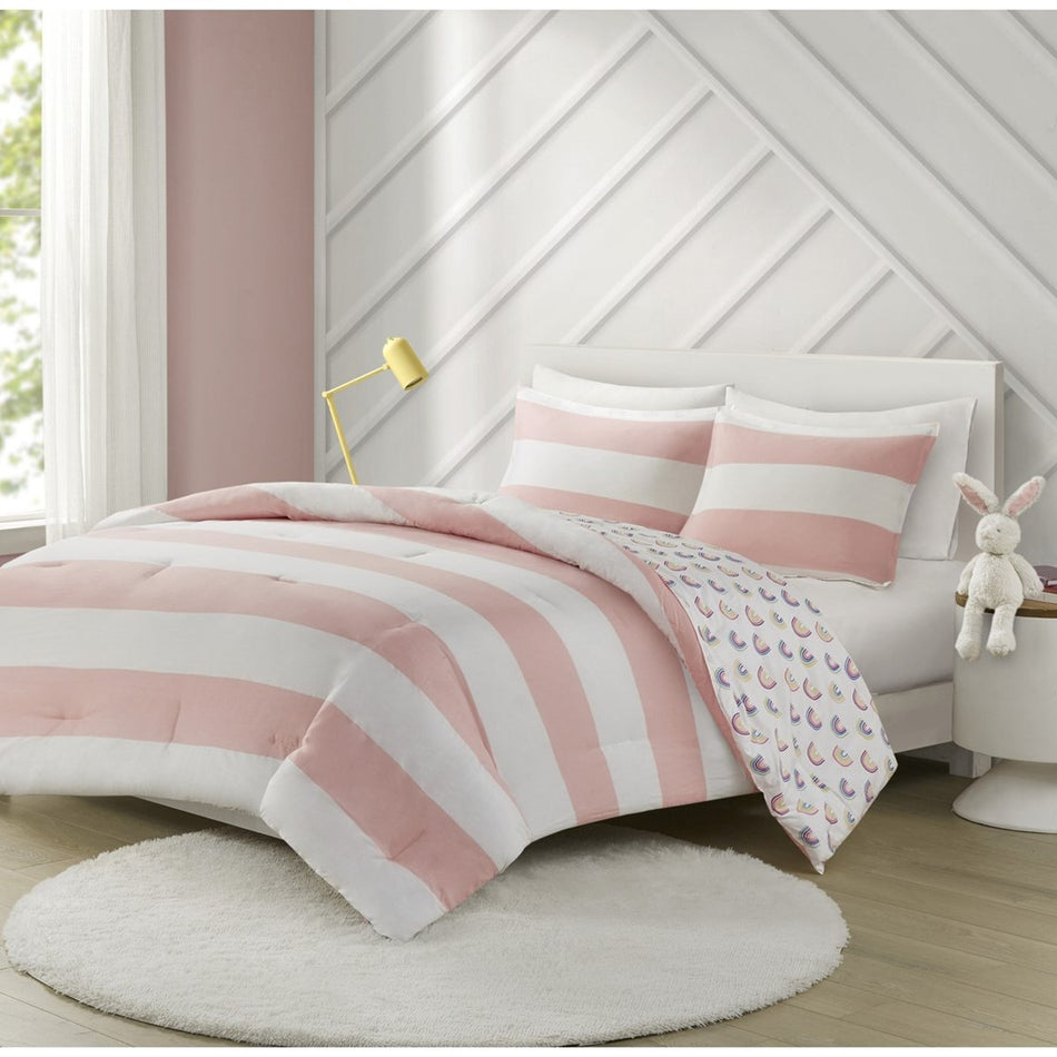 Urban Habitat Kids Sammie Cotton Cabana Stripe Reversible Comforter Set with Rainbow Reverse - Pink - Full Size / Queen Size