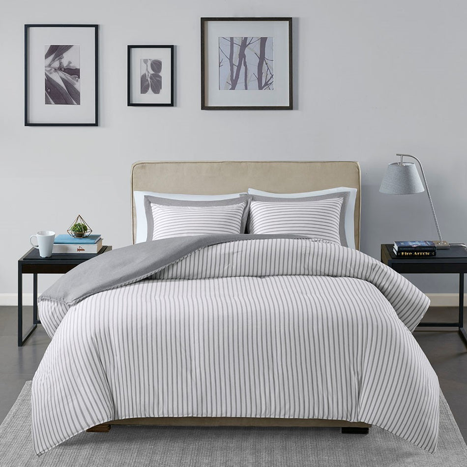 Hayden Reversible Yarn Dyed Stripe Duvet Cover Set - Grey - King Size / Cal King Size