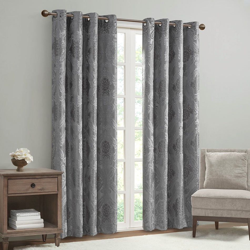 Amelia Knitted Jacquard Paisley Total Blackout Grommet Top Curtain Panel - Grey - 95" Panel