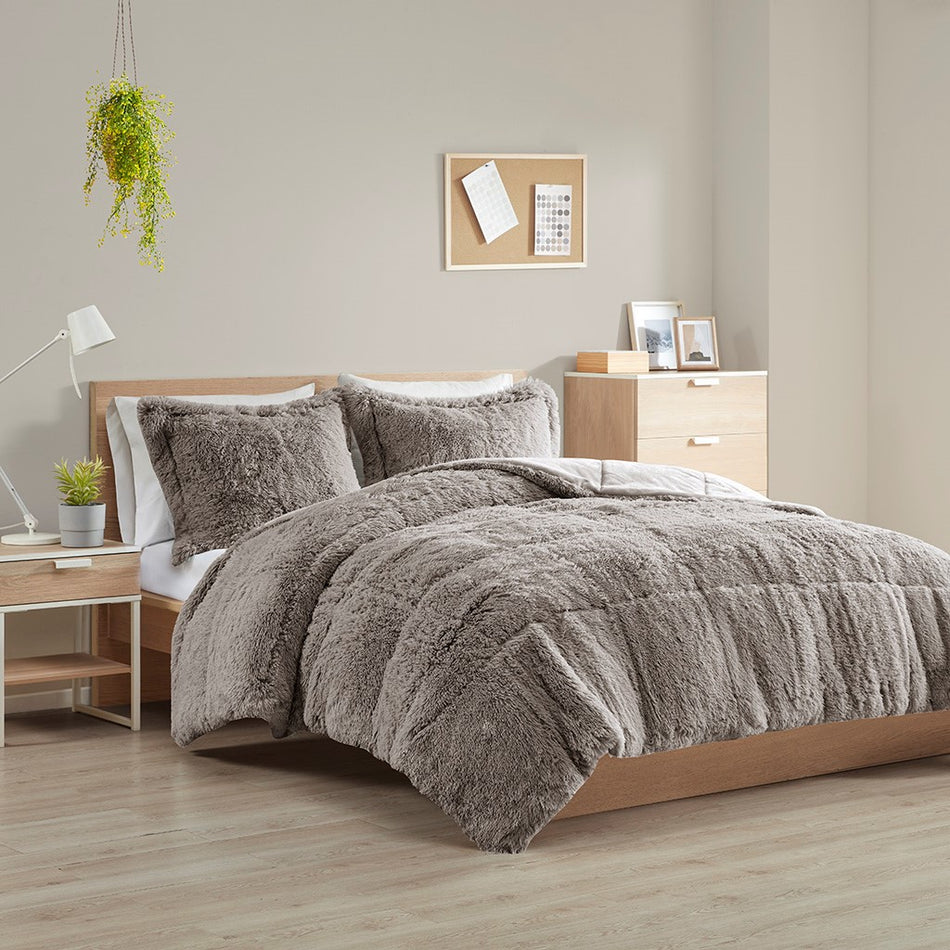 Intelligent Design Malea Shaggy Faux Fur Comforter Mini Set - Grey - Full Size / Queen Size