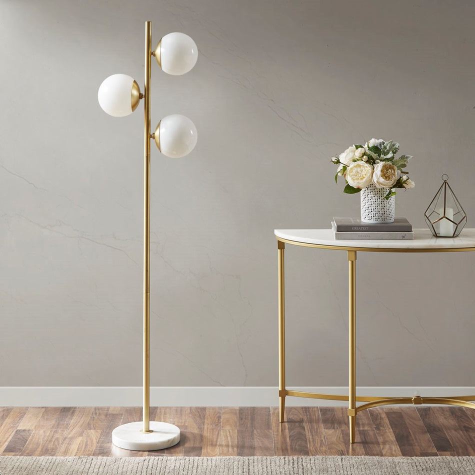Holloway 3-Globe Light Floor Lamp with Marble Base - White / Gold