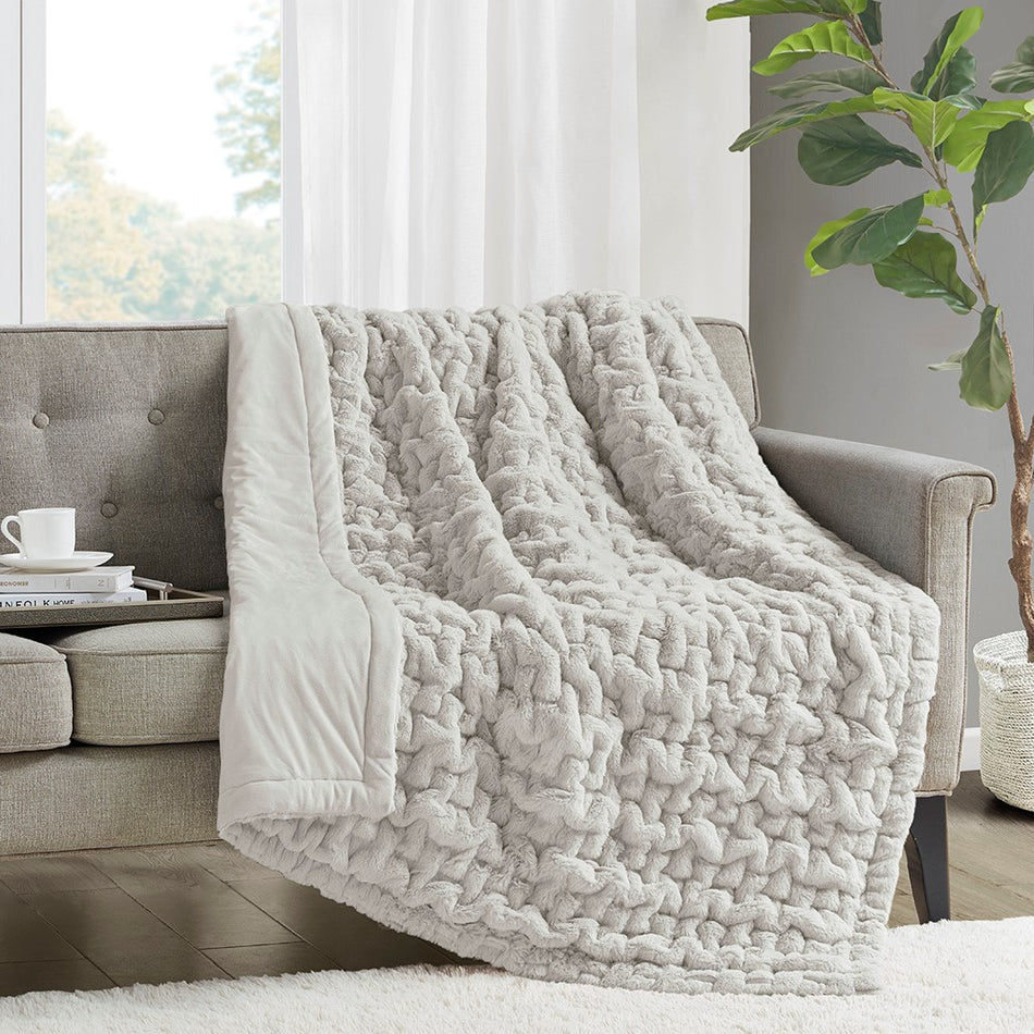 Madison Park Ruched Fur Throw - Silver grey - 50x60"