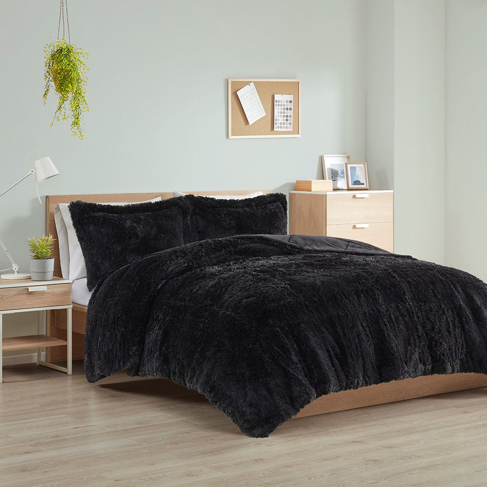 Intelligent Design Malea Shaggy Long Fur Comforter Mini Set - Black - Full Size / Queen Size