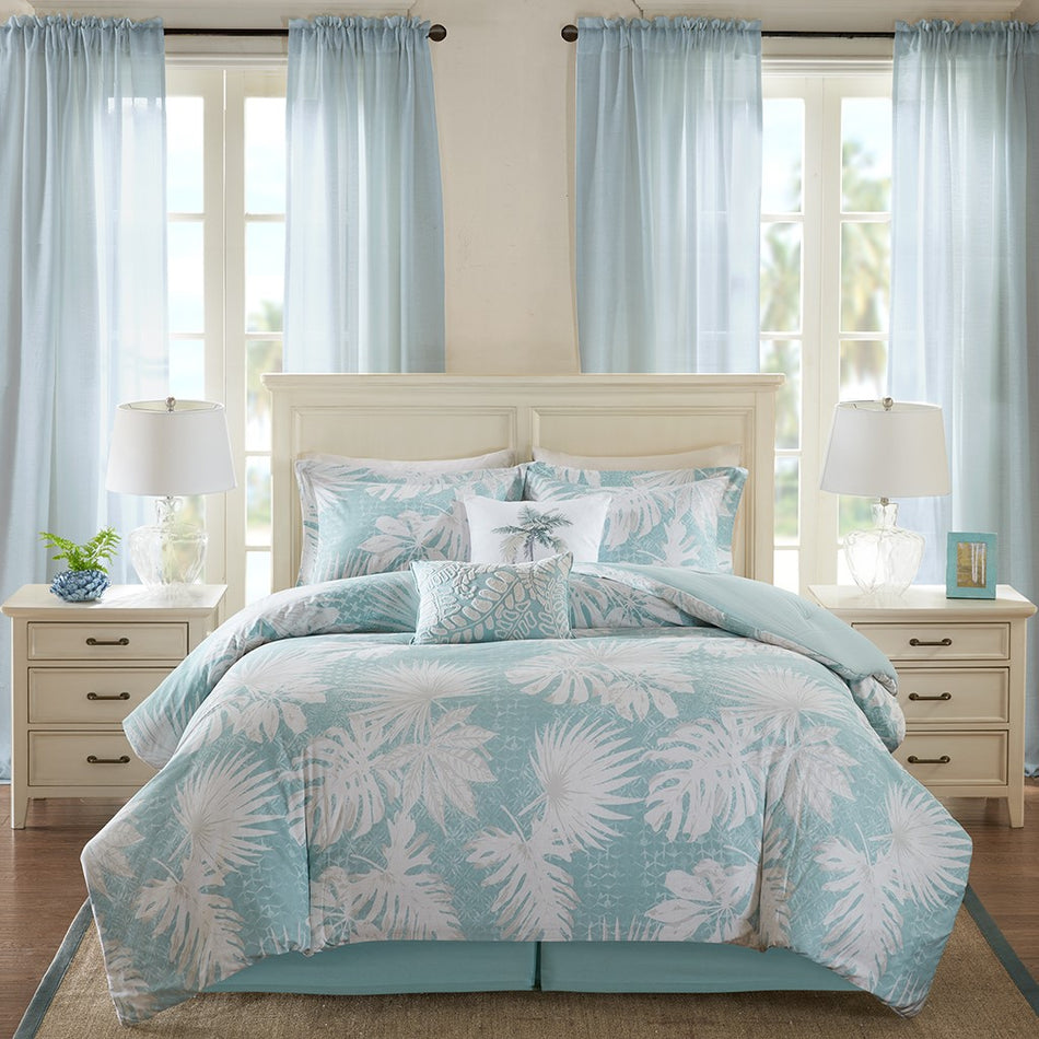 Palm Grove Cotton Printed 6 Piece Comforter Set - Blue - Full Size