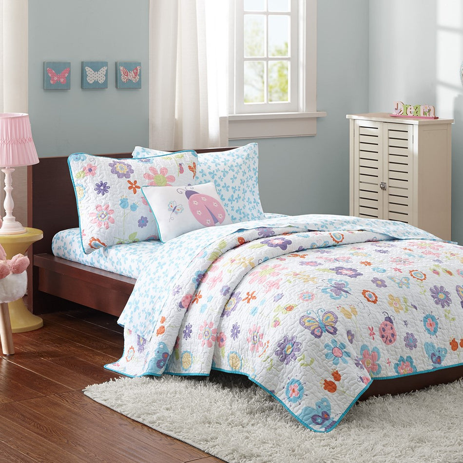Mi Zone Kids Fluttering Farrah Butterfly Reversible Coverlet Set with Bed Sheets - Multicolor - Twin Size