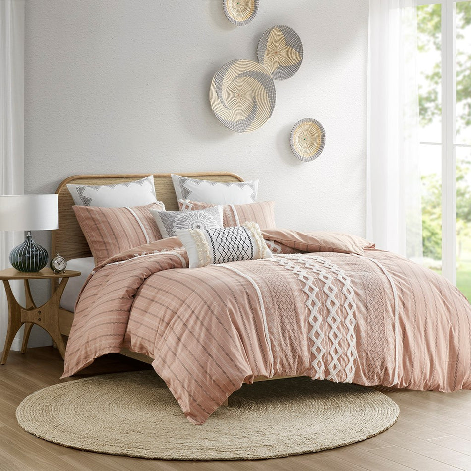 INK+IVY Imani Cotton Printed Comforter Set w/ Chenille - Blush - Full Size / Queen Size
