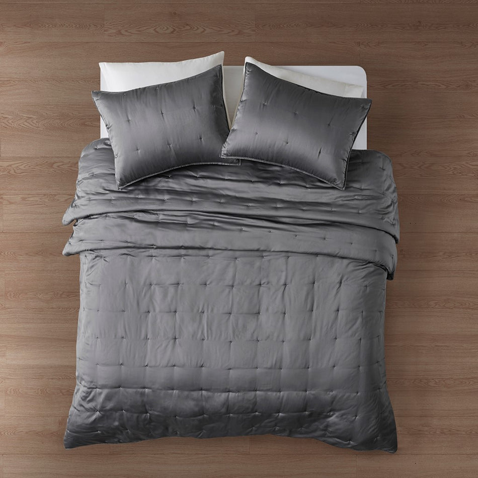 Ames 3 Piece Charmeuse Coverlet set - Grey - Full Size / Queen Size