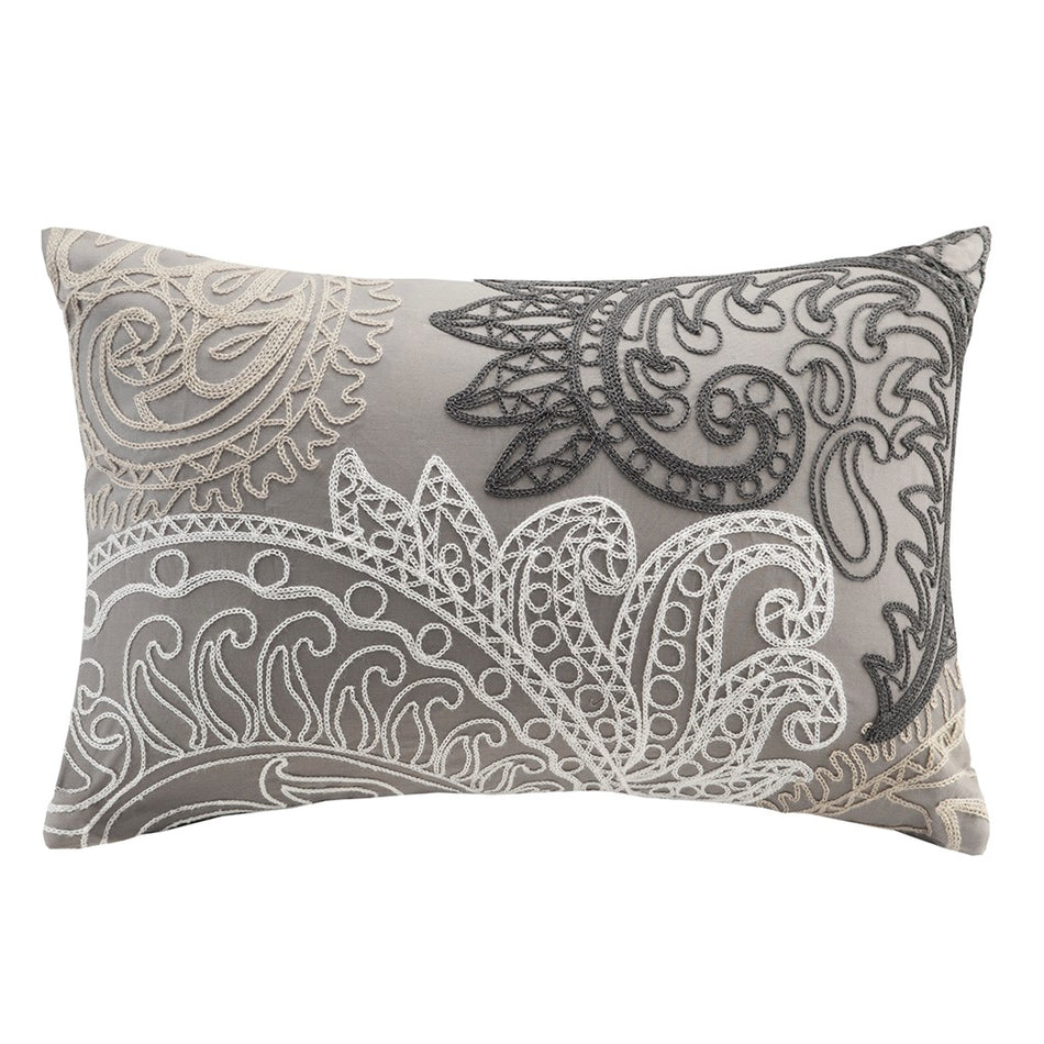 INK+IVY Kiran Cotton Oblong Pillow with Chain Stitch - Taupe - 12x18"