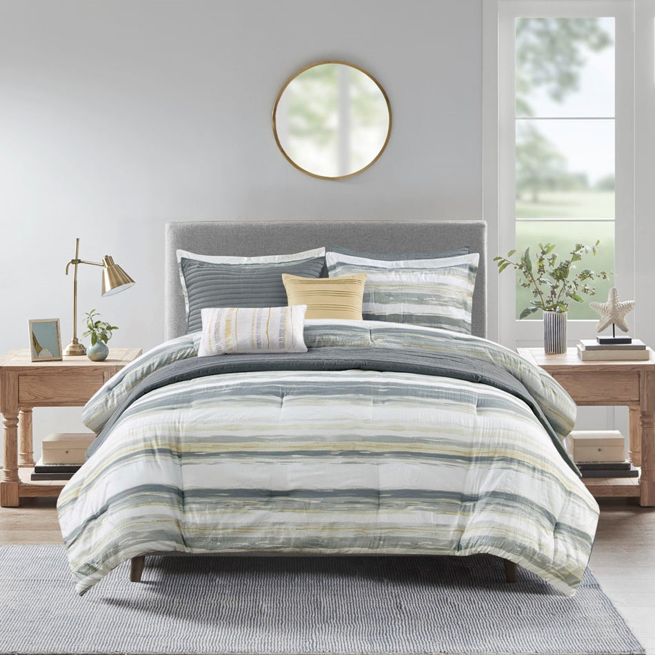 Marina 8 Piece Printed Seersucker Comforter and Coverlet Set Collection - Yellow - King Size / Cal King Size
