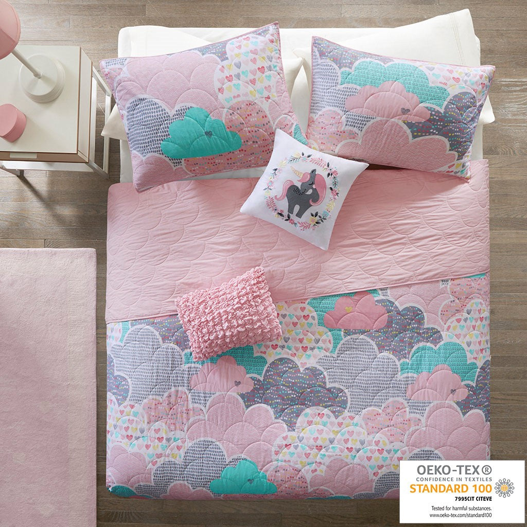 Urban Habitat Kids Cloud Reversible Cotton Quilt Set with Throw Pillows - Pink - Full Size / Queen Size
