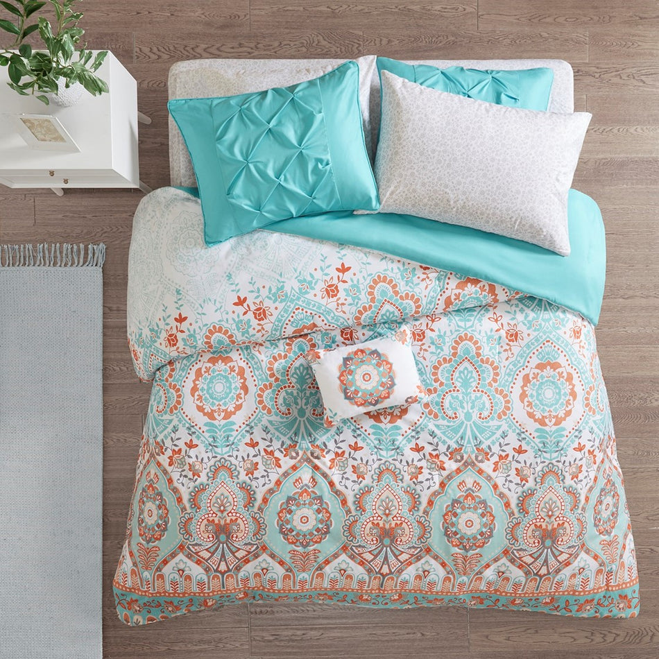 Vinnie Boho Comforter Set with Bed Sheets - Aqua - Twin Size