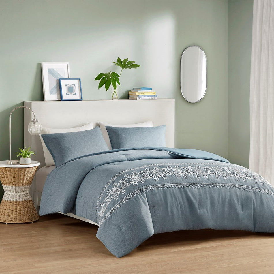 Intelligent Design Bree Embroidered Comforter Set
 - Blue - Full/Queen - ID10-2167