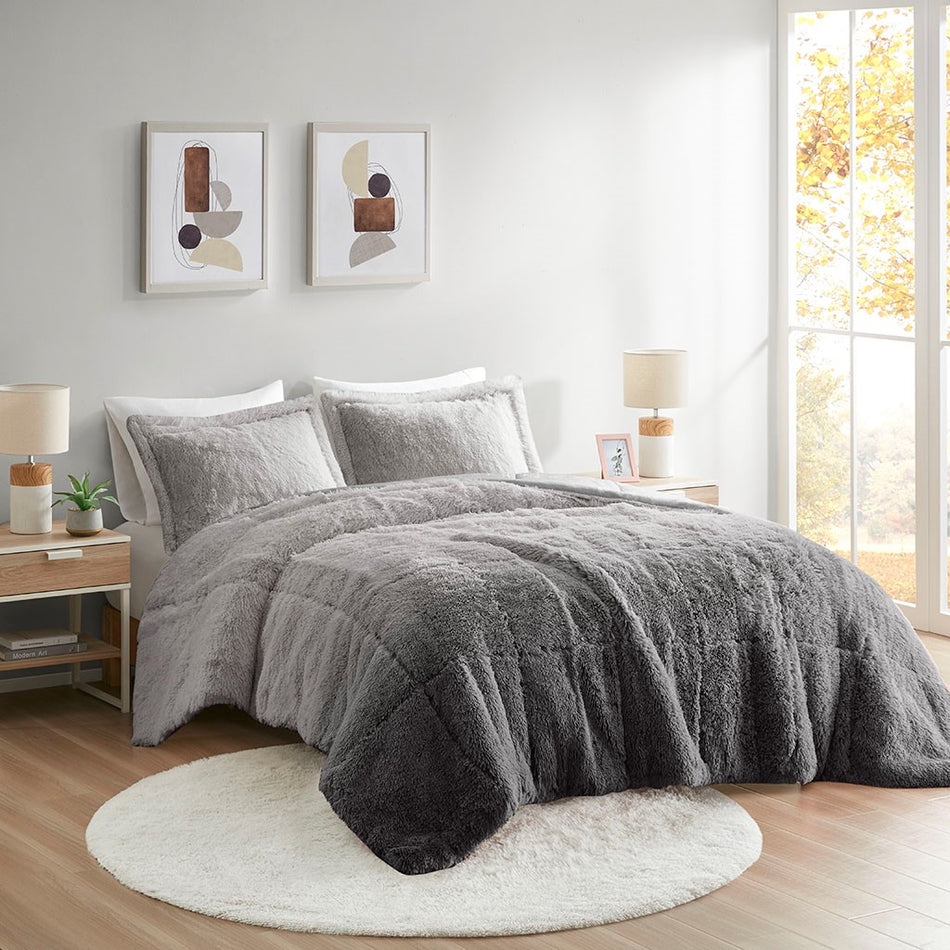 Intelligent Design Brielle Ombre Shaggy Long Fur Comforter Mini Set - Grey - Full Size / Queen Size