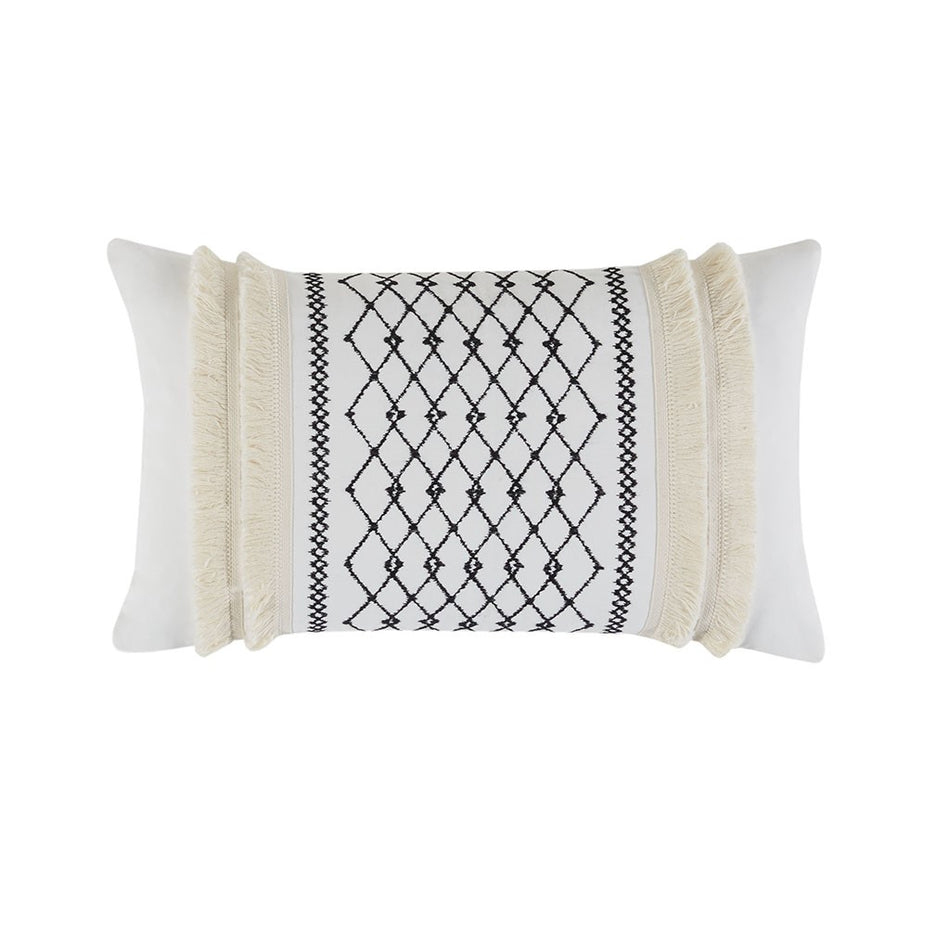 INK+IVY Bea Embroidered Cotton Oblong Pillow with Tassels - Ivory - Oblong