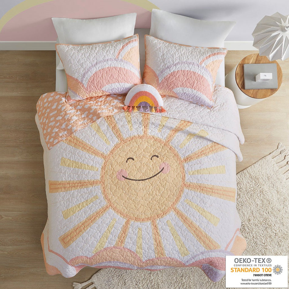 Urban Habitat Kids Dawn Reversible Sunshine Printed Cotton Quilt Set with Throw Pillow - Yellow / Coral - Twin Size