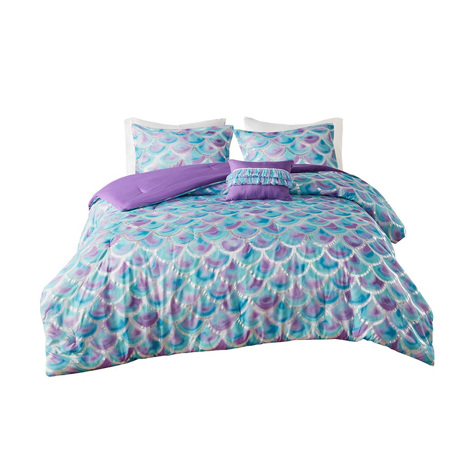 Pearl Metallic Printed Reversible Comforter Set - Teal / Purple - Full Size / Queen Size