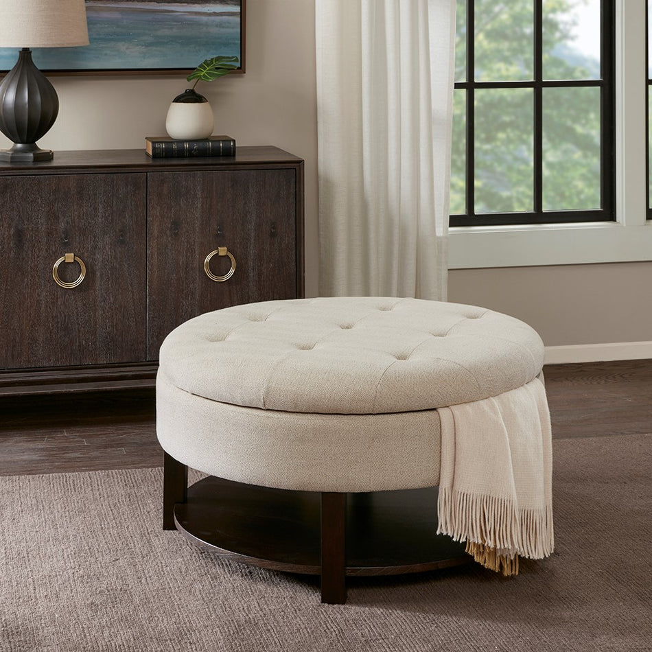Madison Park Miller Round Storage Ottoman - Cream / Brown