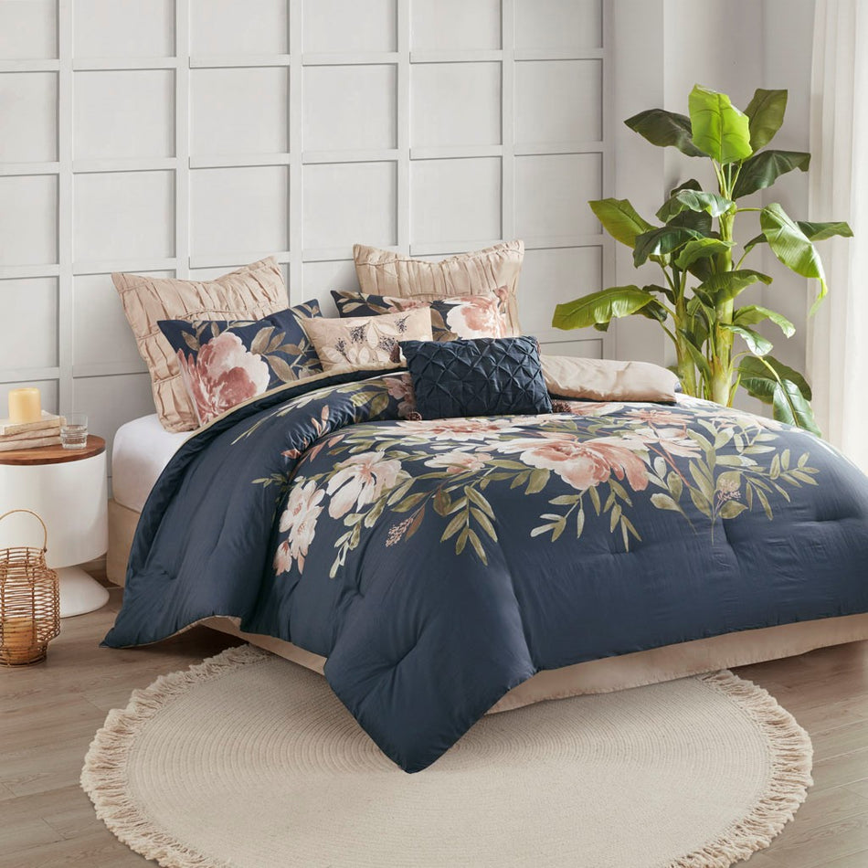 Camillia 8 Piece Cotton Comforter Set - Navy  - Queen Size