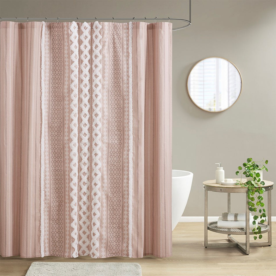 Imani Cotton Printed Shower Curtain with Chenille - Blush - 72x72"