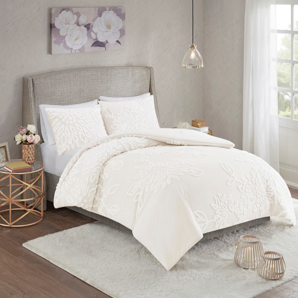 Veronica 3 Piece Tufted Cotton Chenille Floral Comforter Set - Off White  - Full Size / Queen Size