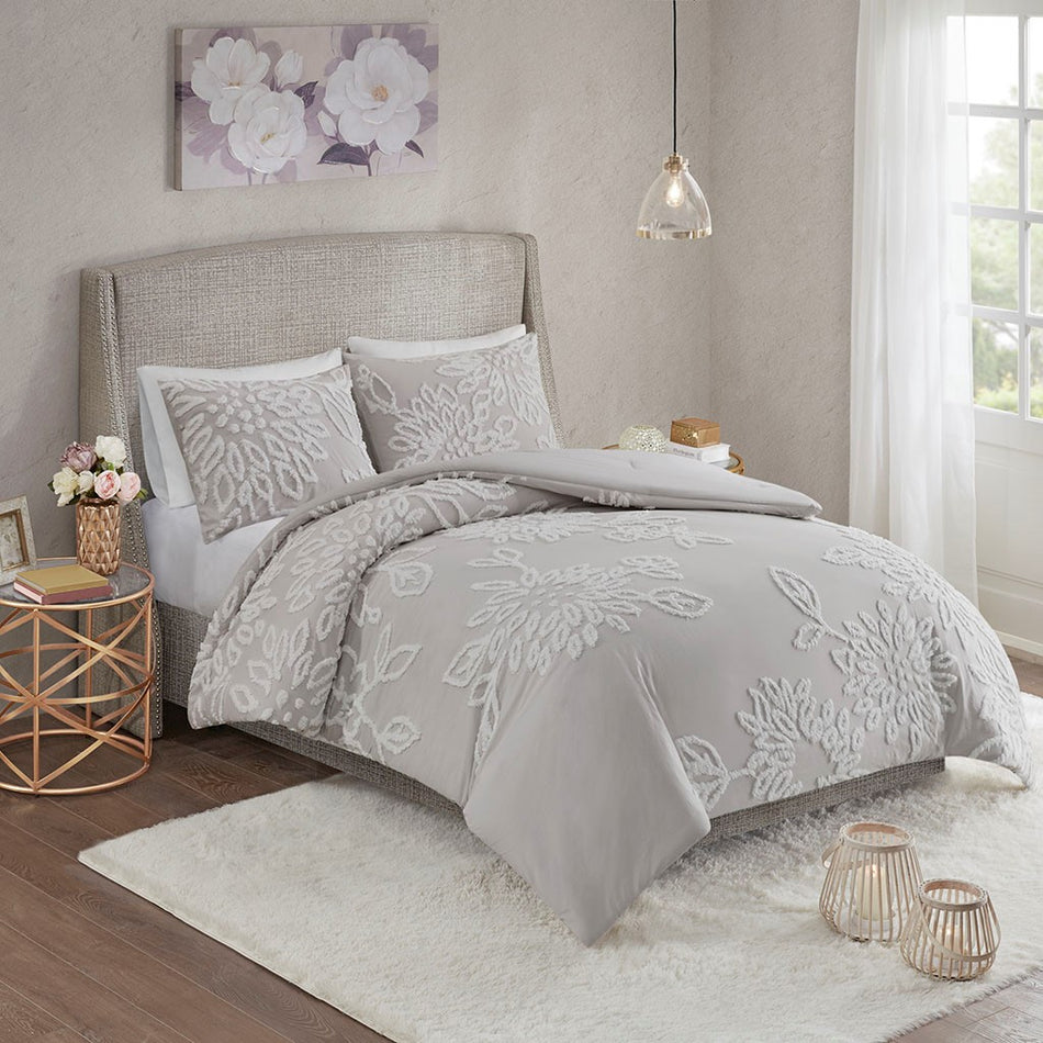 Veronica 3 Piece Tufted Cotton Chenille Floral Comforter Set - Grey / White  - Full Size / Queen Size
