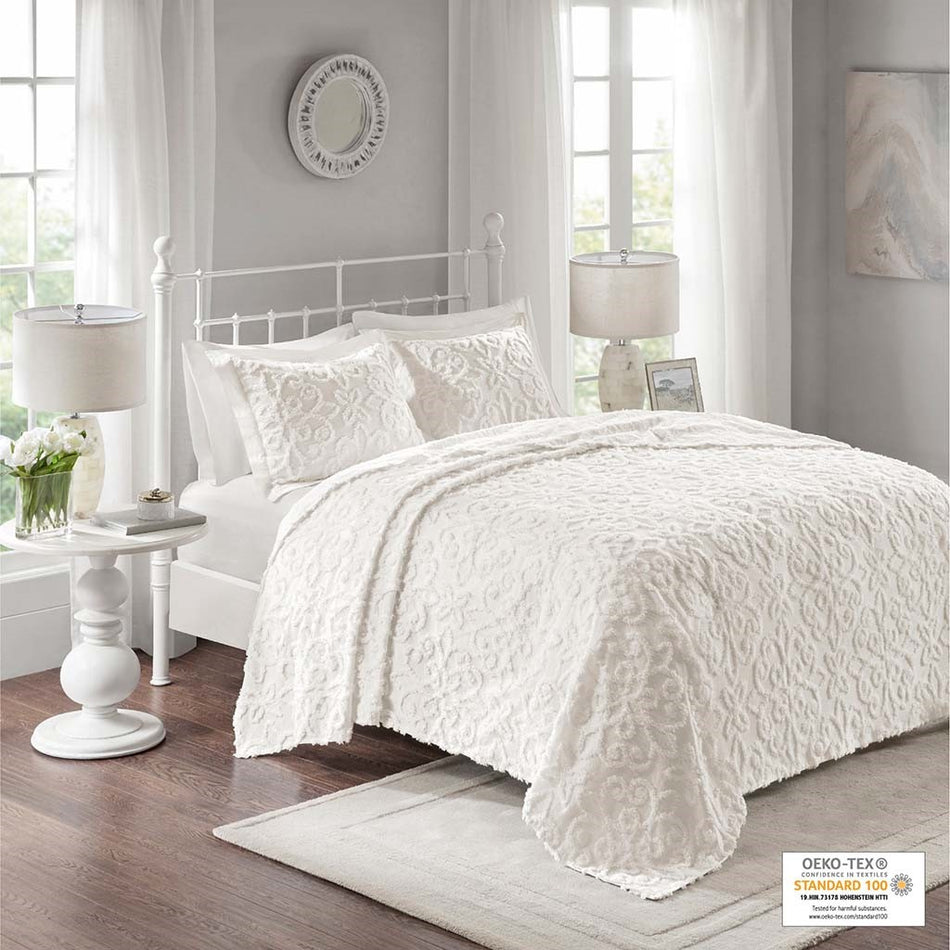 Sabrina 3 Piece Tufted Cotton Chenille Bedspread Set - Off White  - King Size / Cal King Size