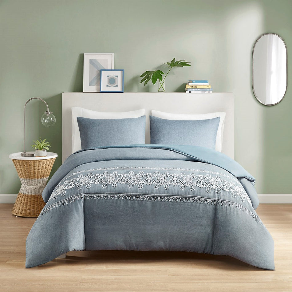 Bree Embroidered Duvet Cover Set
 - Blue - Twin/Twin XL