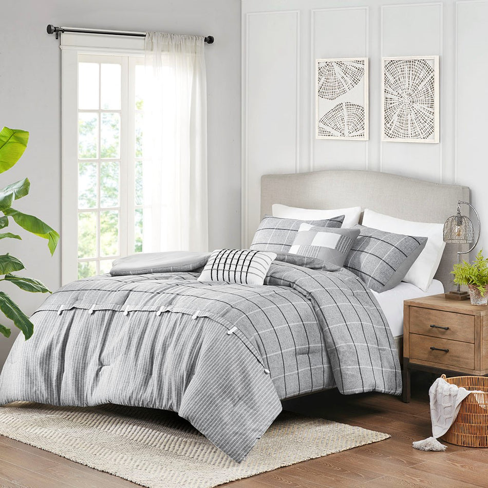 Bryson 5 Piece Faux Linen Jacquard Comforter Set - Gray  - Full Size / Queen Size
