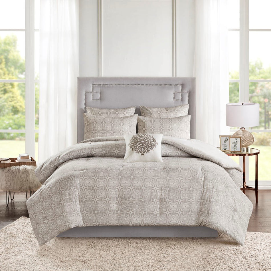 Malia 6 Piece Embroidered Cotton Reversible Comforter Set - Ivory  - Full Size / Queen Size