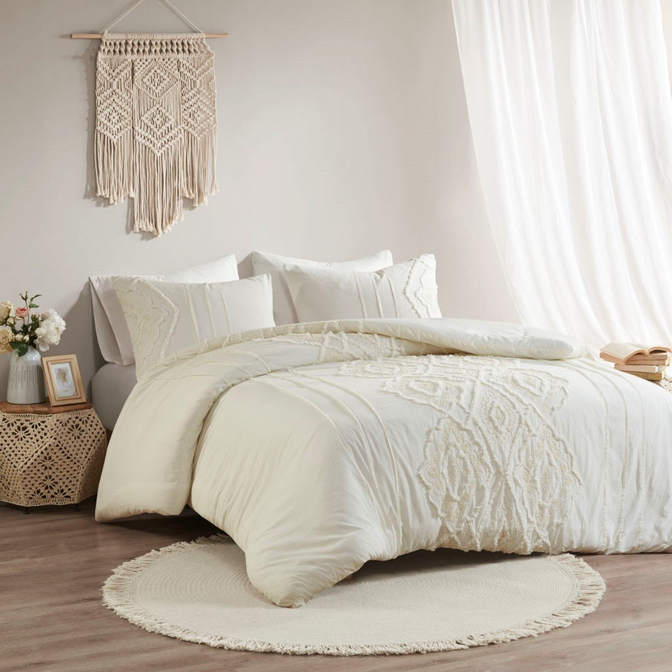 Margot 3 Piece Cotton Comforter Set - Off White  - King Size / Cal King Size