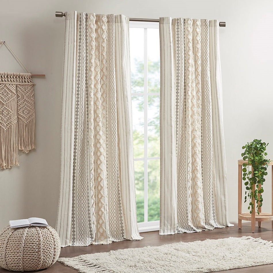 Imani Cotton Printed Window Panel with Chenille Stripe and Lining - Ivory - 84" Panel