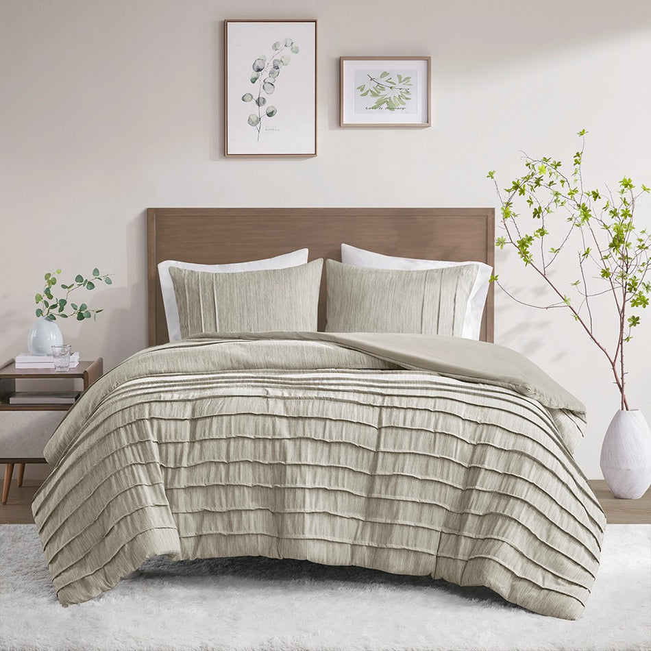 Maddox Striated Cationic Dyed Oversized Duvet Cover Set with Pleats
 - Natural - Full/Queen